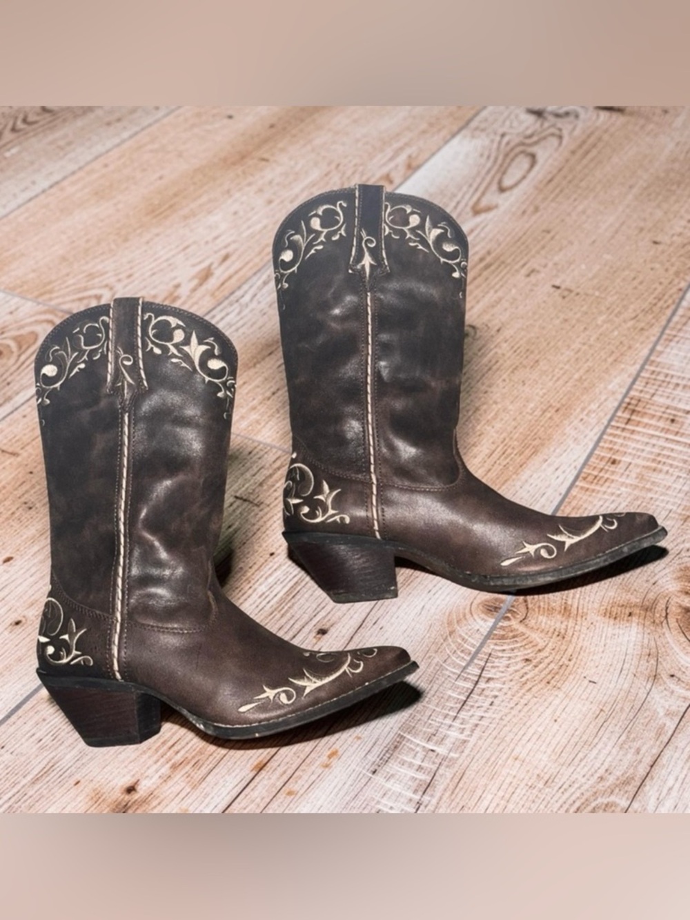 Durango Boots Crush Scroll Western Women 10 M Brown Distress Leather Pointed Toe